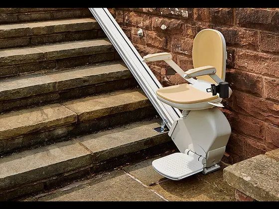 Weatherproof outdoor stairlift installed on exterior steps in Lander, WY